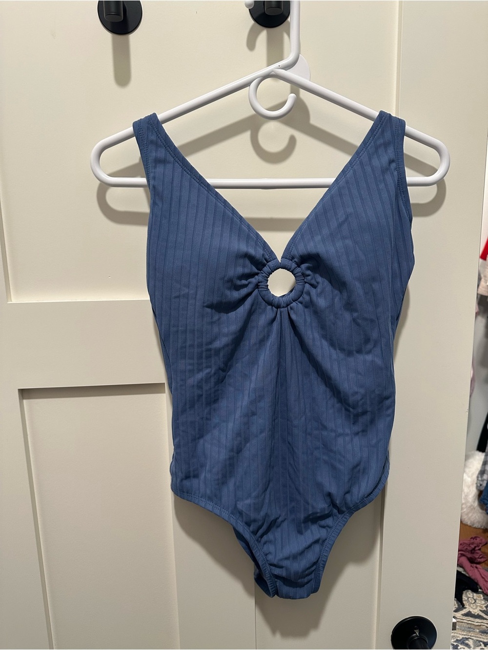 Kona Sol Blue Ribbed One-Piece Swimsuit with Front Ring